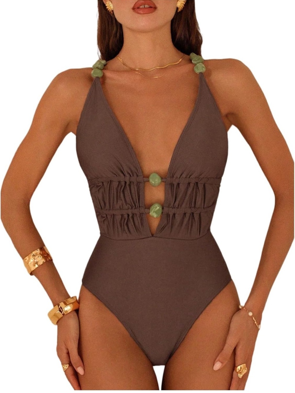 One Piece Swimsuit Criss Cross Backless Beaded Deep V Neck Plunge 1395/bb7-1